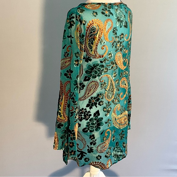 Velvet Burnout Boho Blouse Teal Paisley Tunic Festival Top S - Picture 6 of 16